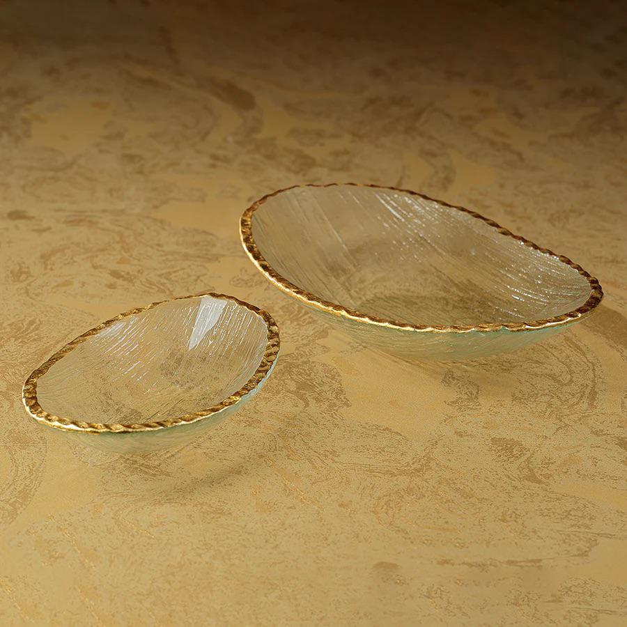Clear Textured Bowl with Jagged Gold Rim - Large