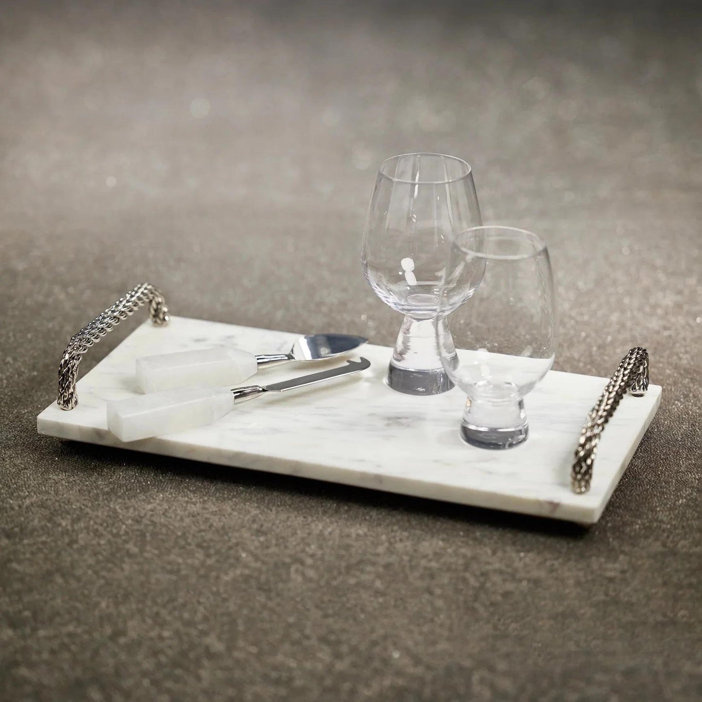 Marble Serving Tray with Woven Metal Handles