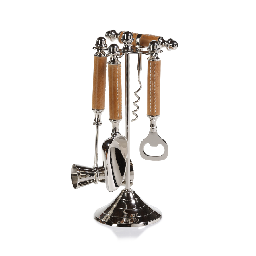 Algarve Polished Nickel and Leather Bar Tool Set